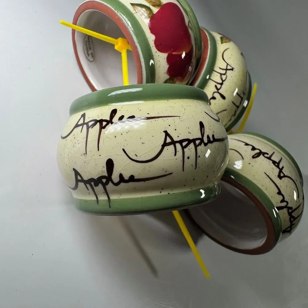 Vintage Ceramic Apple Napkin Rings Set of 4 Red Cream Green Fruit Table Decor